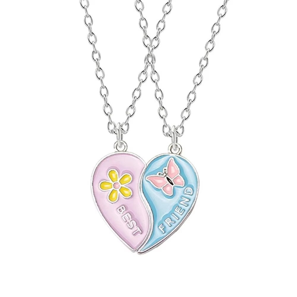 Two Besties  Pastel Flower & Butterfly Heart Necklace Set